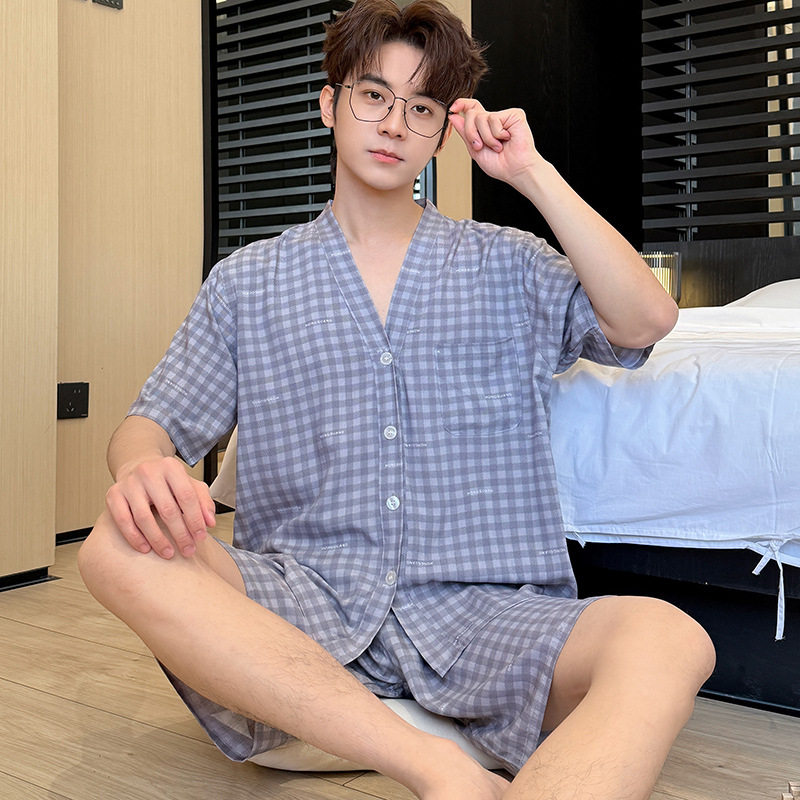 年轻人棉绸衣服棉球套装东风尼短袖短裤开衫家居服男士东方绸睡衣