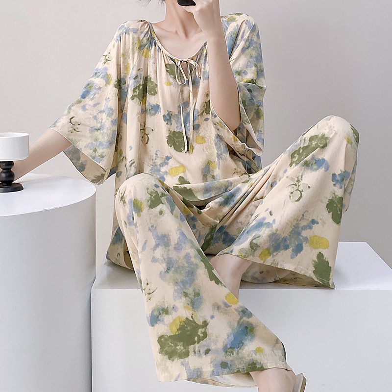 年轻人棉绸衣服东方绸睡衣棉球套装女东风尼呢短袖长裤宽松家居服
