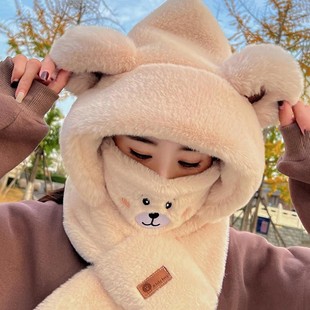 冬季中学生女生骑车高中生女孩骑电动车绒脑子初中生帽子围巾一体