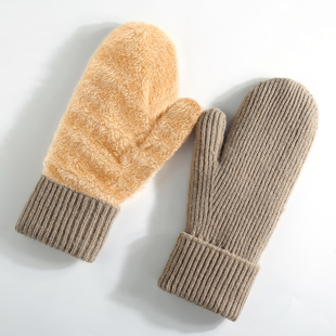 不分指四个手指在一起的合并拢双层加绒针织手套四指一体男女同款