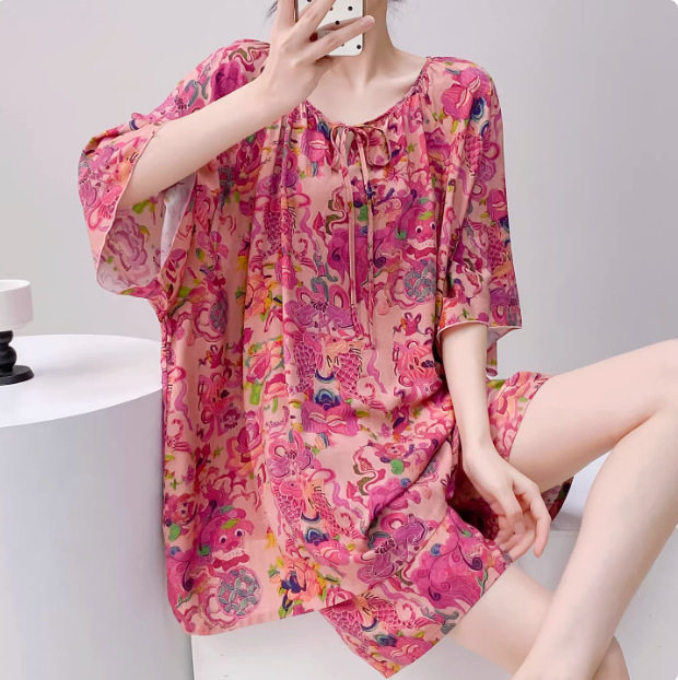 年轻人棉绸衣服东方绸睡衣棉球套装女东风尼呢短袖短裤宽松家居服