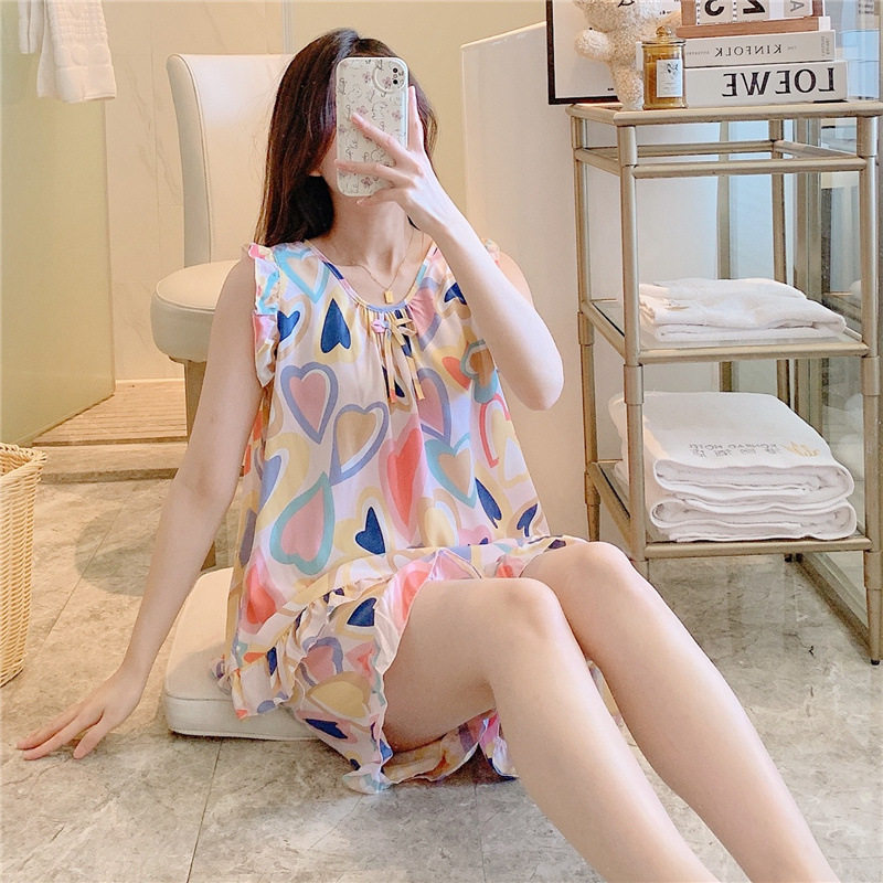 夏天东方绸睡衣棉球套装女东风尼呢无袖短裤家居服年轻人棉绸衣服