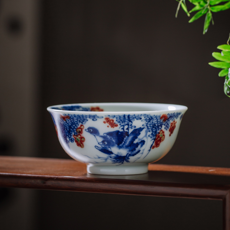 枭窑手工手绘双鸭杯釉里红