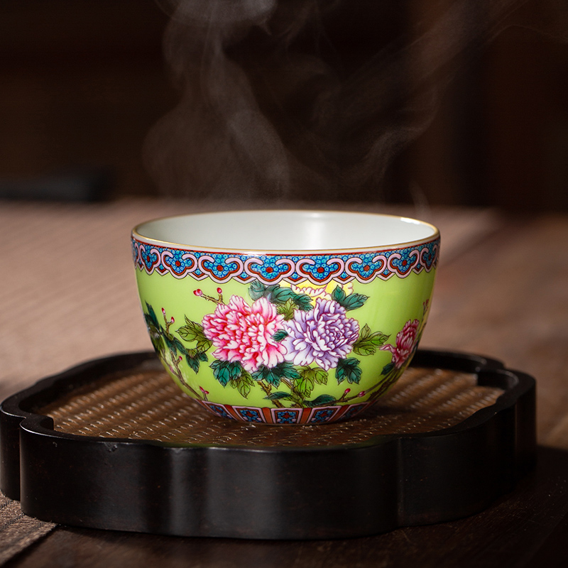 枭窑手工手绘国色天香如意杯陶瓷