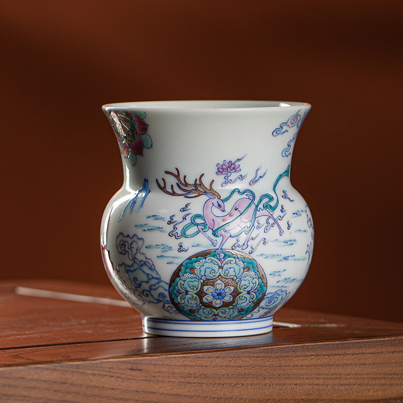 枭窑 手工手绘陶瓷青花斗彩金银点画功夫茶具茶道九色鹿水洗茶盂