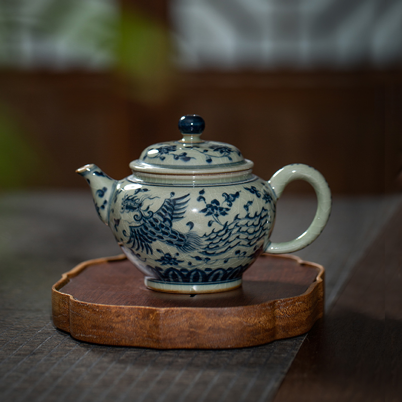 枭窑手工手绘柴窑陶泥双凤茶壶