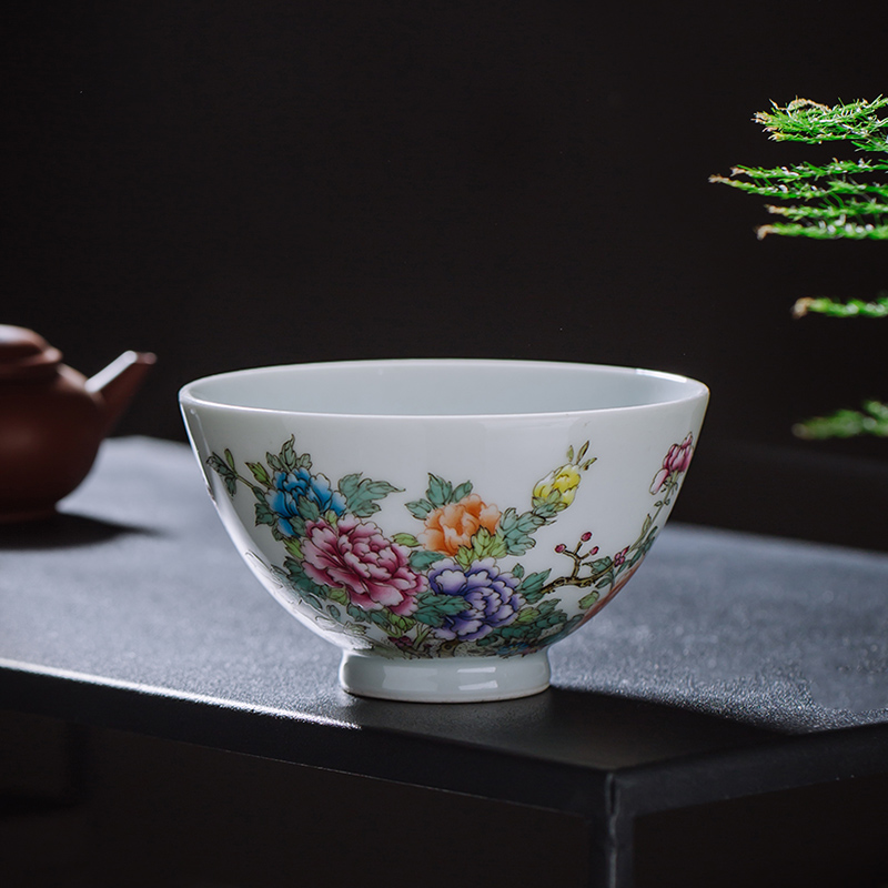 枭窑景德镇茶具花鸟主人杯珐琅彩牡丹茶杯单杯功夫茶杯斗笠碗杯_虎窝淘