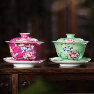 枭窑 锦地扒花手工手绘景德镇盖碗茶杯高温颜色釉茶具功夫泡茶碗