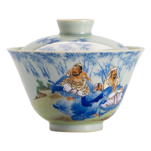 枭窑 青花珐琅斗彩手工手绘陶瓷盖碗茶杯泡茶功夫茶具竹林七贤图