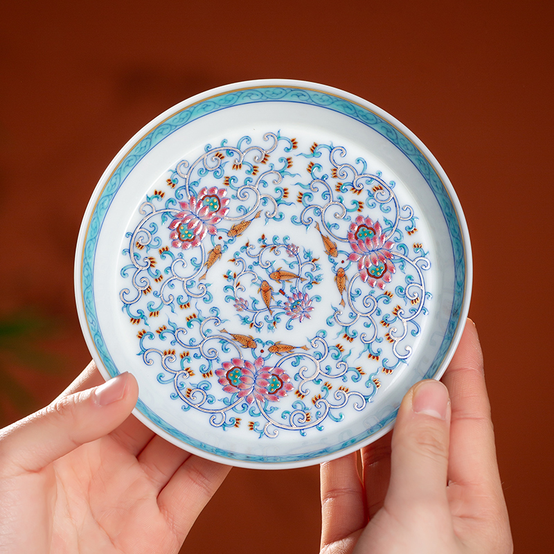 景德镇陶瓷收藏茶具青花斗彩手工手绘茶盘壶承莲年有鱼图案果托盘