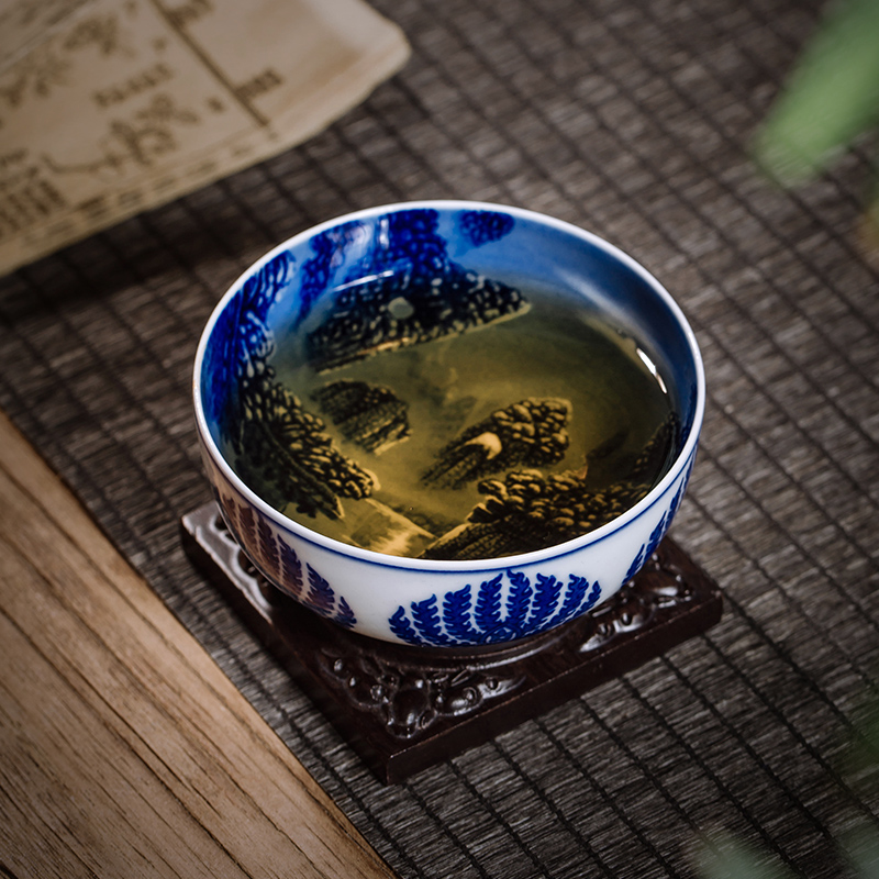 枭窑手工手绘圣象普洱杯枭窑山水