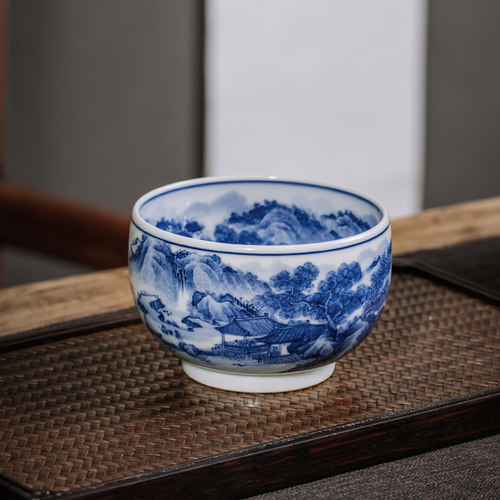 枭窑手工手绘内外山水罗汉杯柴窑