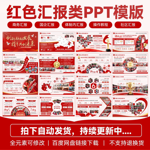 【100页】红色高端职场汇报国企单位图文排版工作汇报PPT模板静态
