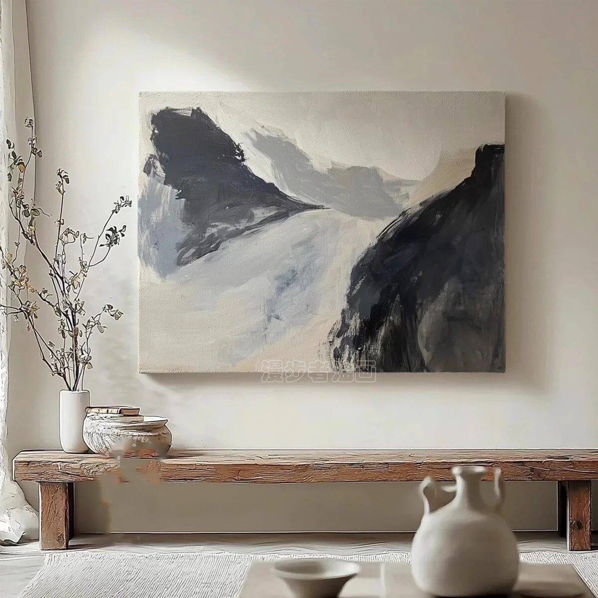 黑白侘寂风手绘抽象油画客厅山水风景装饰画民宿走廊肌理横版挂画