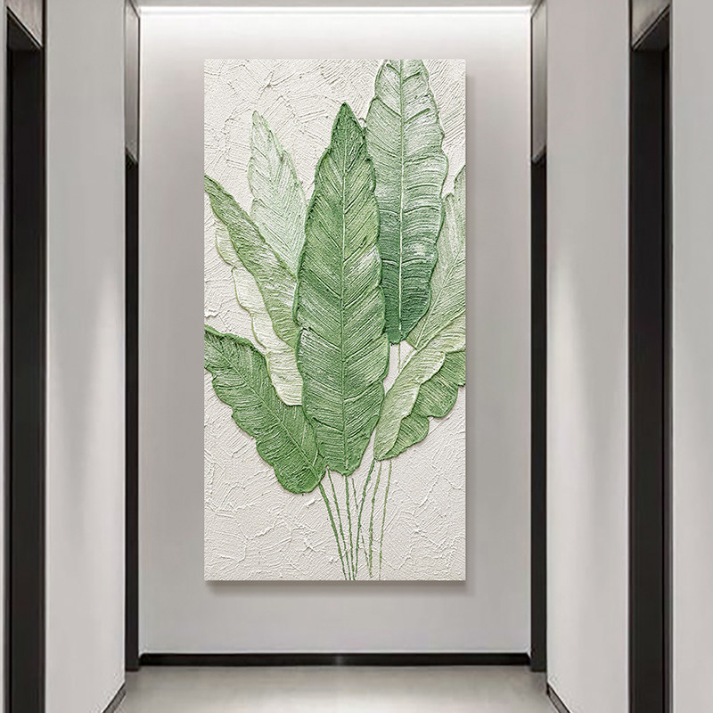 手绘油画《家大业大》现代极简厚肌理芭蕉叶奶油风装饰画玄关挂画