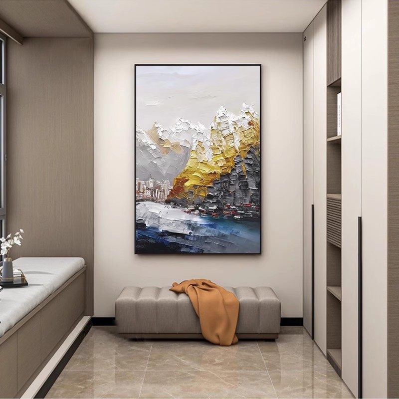 纯手绘油画背有靠山客厅装饰画抽象艺术金山风景玄关挂画肌理壁画