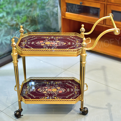 高档黄铜双层推车家用餐车置物架可移动小茶几边几落地装饰品摆设