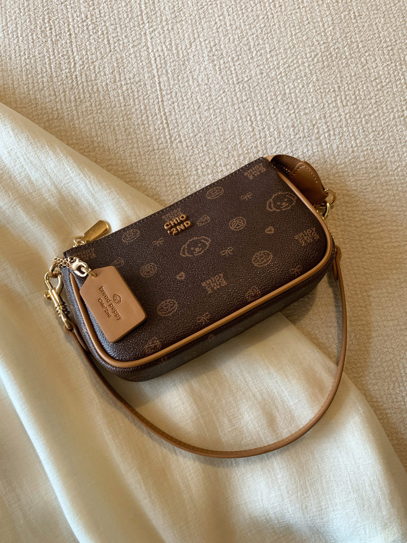 Brown monogram crossbody handbag with gold hardware on a light fabric background