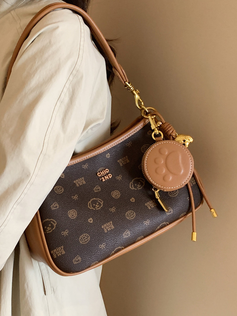 Brown monogram shoulder handbag worn on a person