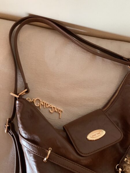 Brown leather handbag with gold-tone hardware and shoulder strap