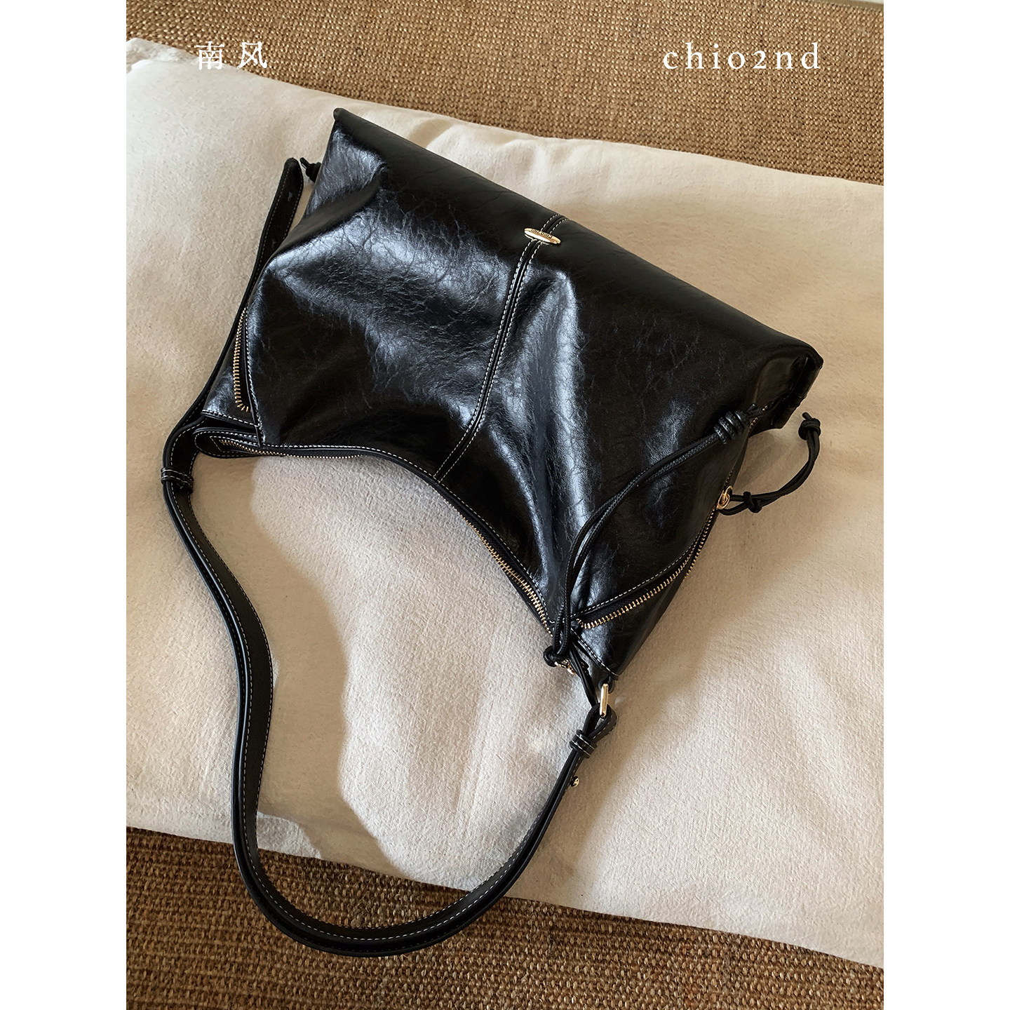 南风Chio2nd 松弛黑皮hobo流浪包中性风托特包大容量单肩包斜挎包