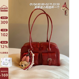 南风Chio2nd 桑巴酒廊枕头包包女红色复古波士顿手提包通勤单肩包