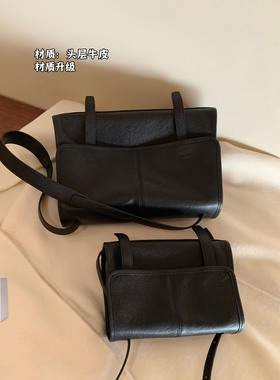 南风Chio2nd 头层牛皮暖阳学院邮差包包女黑色极简百搭单肩斜挎包