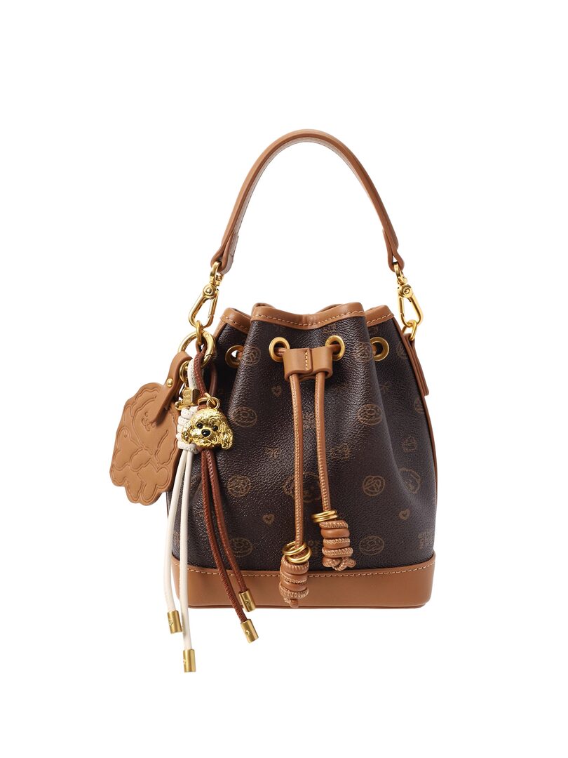 Brown designer drawstring bucket handbag with gold hardware on a white background