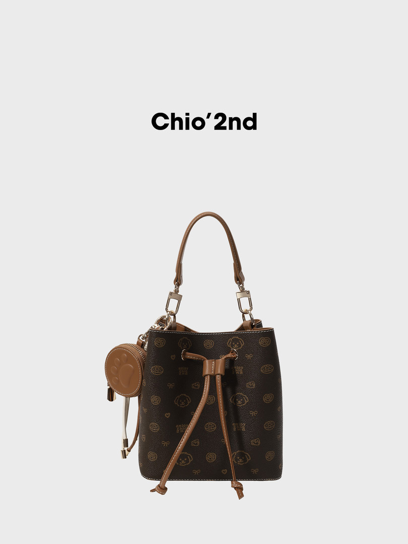 Brown and black patterned bucket handbag with shoulder strap and coin pouch