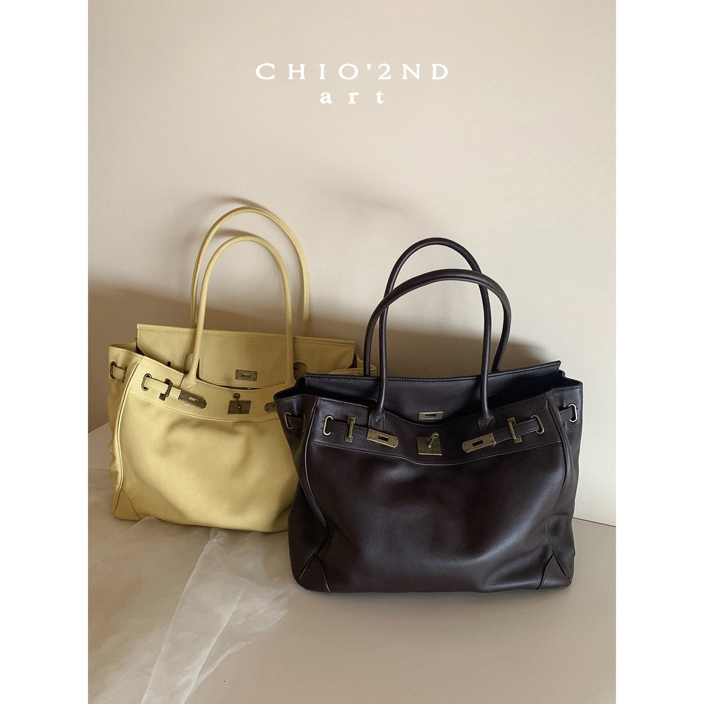 南风Chio2nd 头层牛皮40寸艺术铂金包包女气质通勤手提包单肩大包