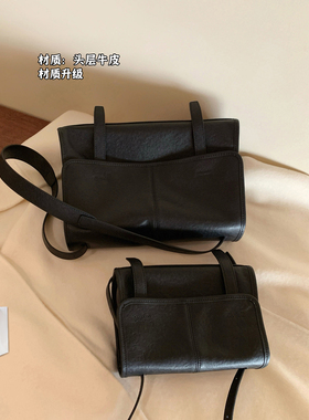 南风Chio2nd 头层牛皮暖阳学院邮差包包女黑色极简百搭单肩斜挎包