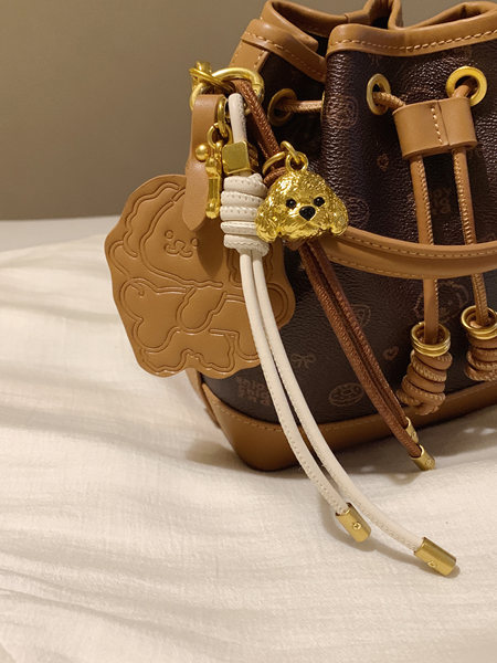Brown bucket handbag with gold hardware and decorative charms