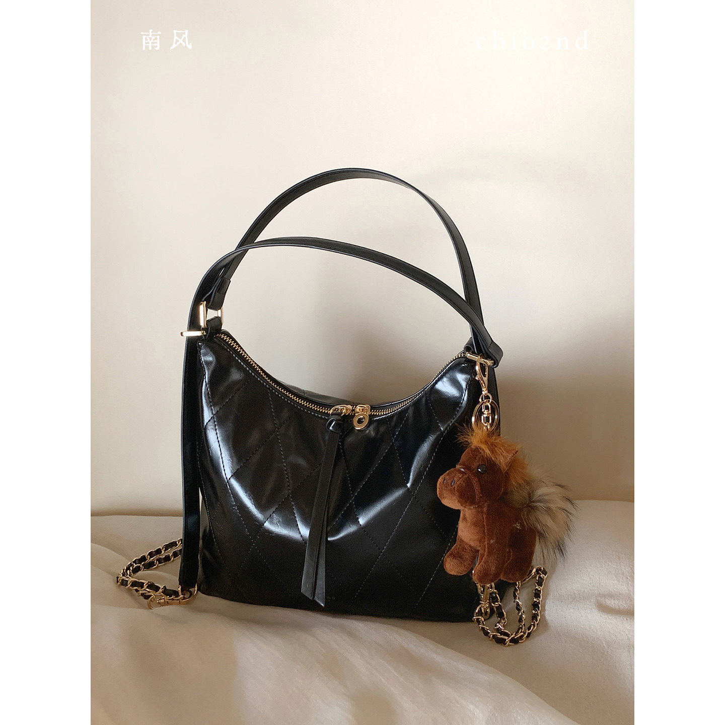 南风Chio2nd 流金时光托特包包女黑色菱格包通勤百搭单肩斜挎大包