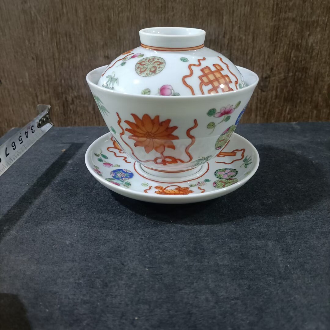 景德镇老库存七八十年代厂货精工手绘粉彩暗八仙大号三才盖碗瓷器