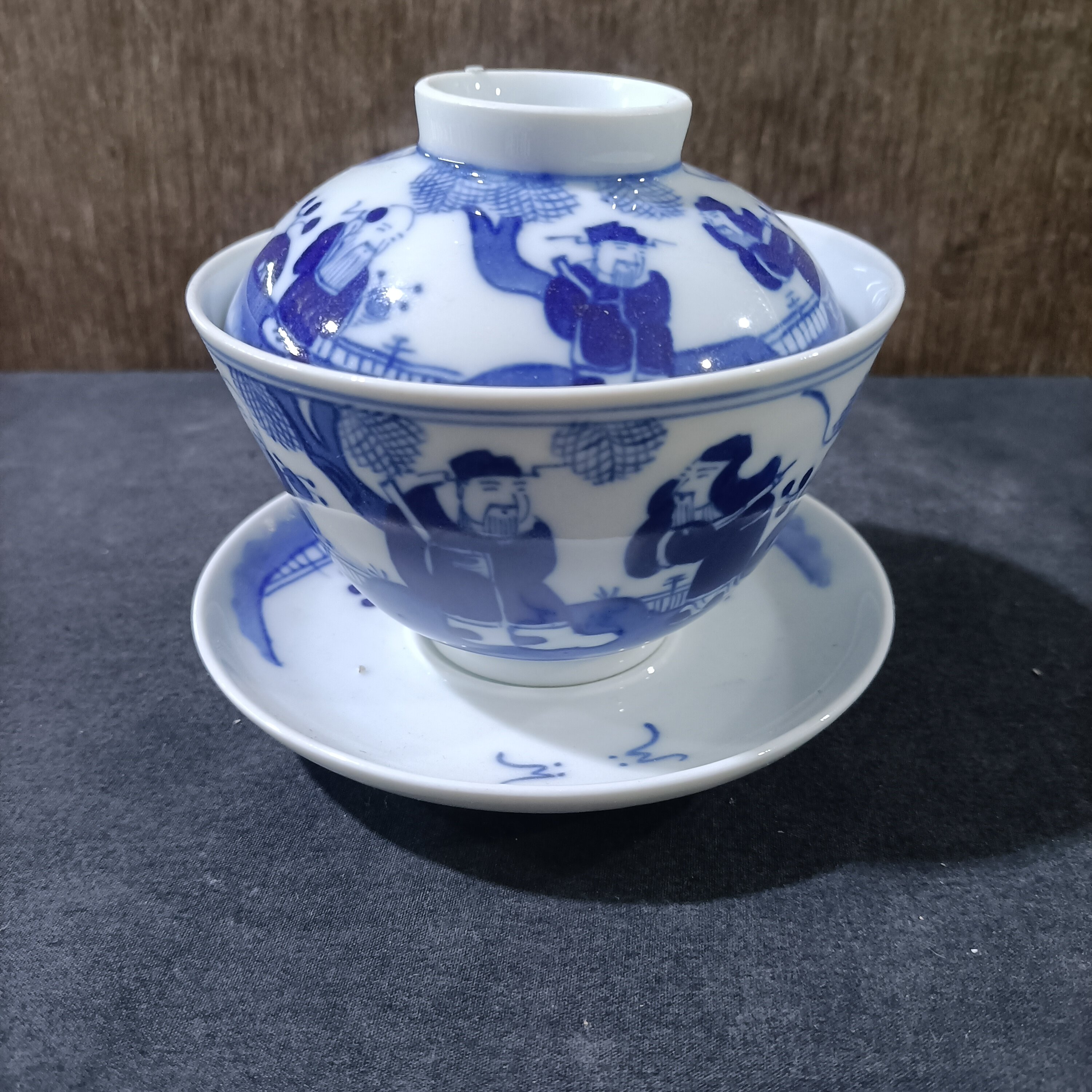 景德镇文革厂货瓷器手绘青花人物盖碗老库存全手绘瓷器古玩收藏