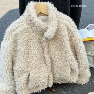 女童冬洋气时髦外套加厚羊卷毛奥粒绒保暖上衣女孩加绒短款外套