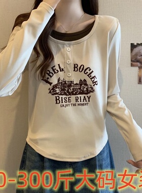 90-300斤胖MM大码女装假两件字母图案小众韩版百搭宽松显瘦insT恤