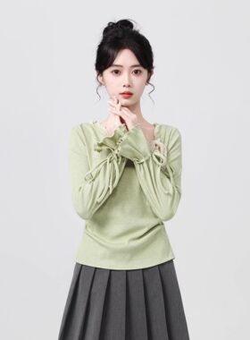 90-300斤大码女装法式斜领系带蝴蝶结设计长袖T恤早秋百搭上衣潮