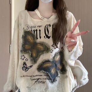 2-300斤大码女刺绣T恤蝴蝶宽松贴布春秋长袖复古辣妹罩衫破洞上衣