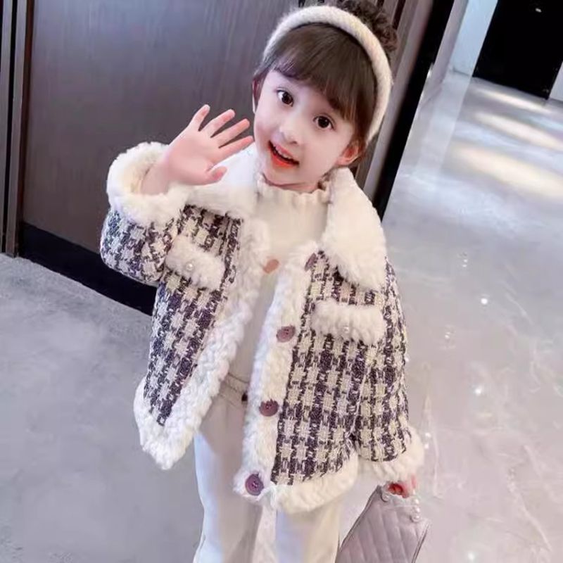 女童外套儿童秋冬装2024新款加绒厚洋气格子翻领毛呢小香风潮上衣