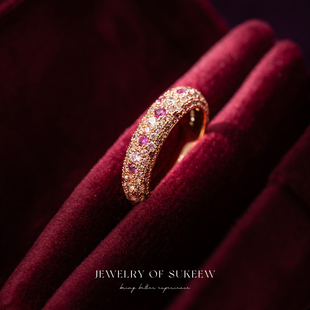 SUKEEW 「晨曦微光」轻奢高级感指环镶钻渐变蜜桃粉排钻戒指 酥可