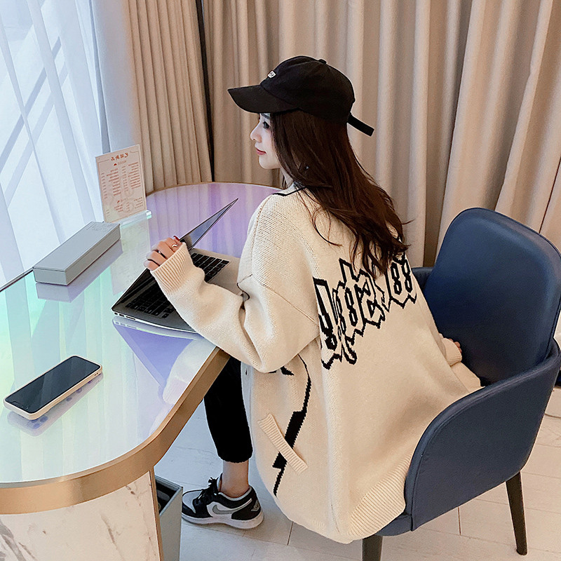 출산 정장 봄과 가을 새로운 한국 스타일 느슨한 중간 길이 게으른 스타일 스웨터 카디건 코트 니트 스웨터 투피스 세트