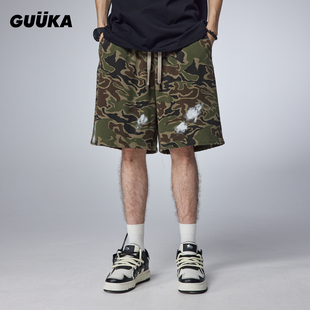青少年廓形毛边裤 新款 男夏季 GUUKA美式 脚五分裤 迷彩重磅短裤 宽松