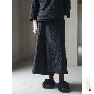 言午葵原创文艺新中式绗条四季半身裙 早春斜襟裹身不规则半裙