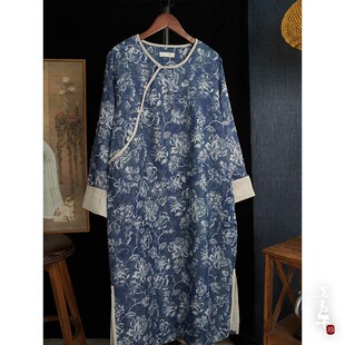 言午葵春夏新款 苎麻 国风印花 青花圆领撞色边包扣旗袍裙