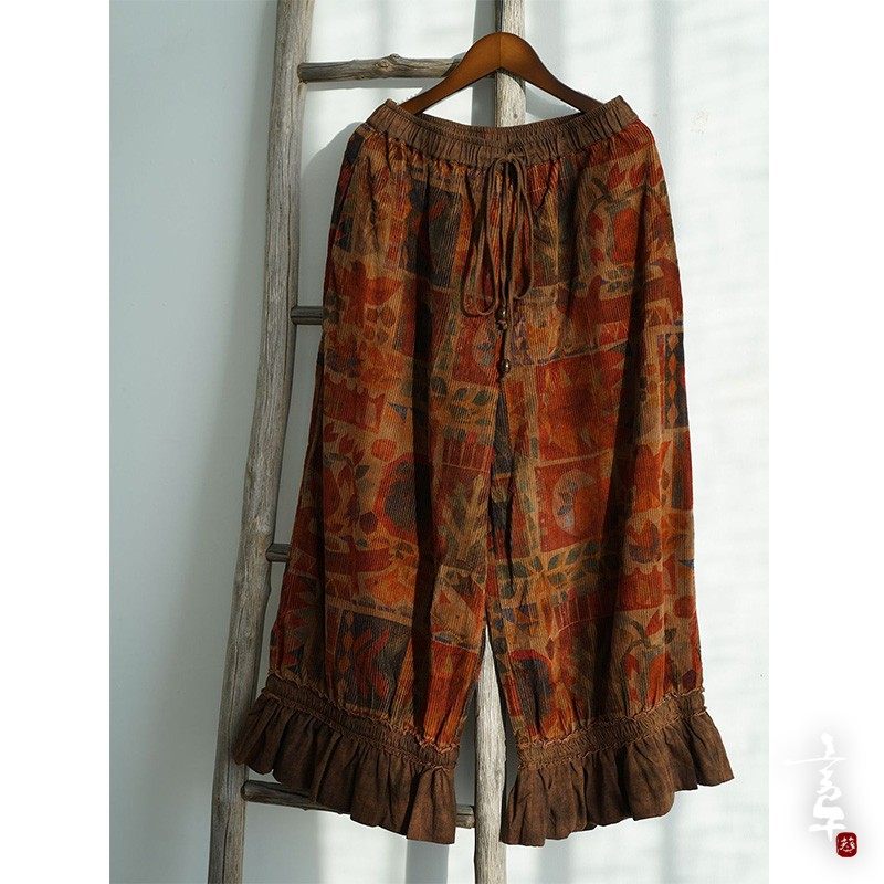 言午葵原创复古几何印花民族风荷叶边灯芯绒裤 休闲松紧腰九分裤,女装/女士精品,休闲裤,淘宝优惠券,粉丝福利购,淘宝优惠卷