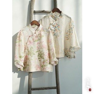 言午葵原创新中式立领苎麻上衣 国潮宽袖数码印花遮阳衬衫