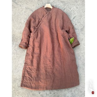 言午葵冬加厚保暖新中式 复古重磅亚麻袍子撞色手拱针手工盘扣棉服