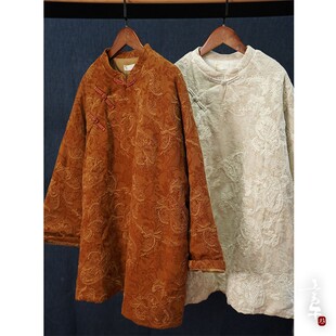 言午葵秋冬新款 新中式宽松立领斜襟盘扣亚麻刺绣绗棉中长款外套