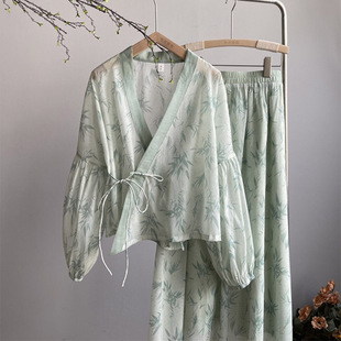 言午葵 新中式文艺复古竹叶印花东方美学系带斜襟改良汉服套装